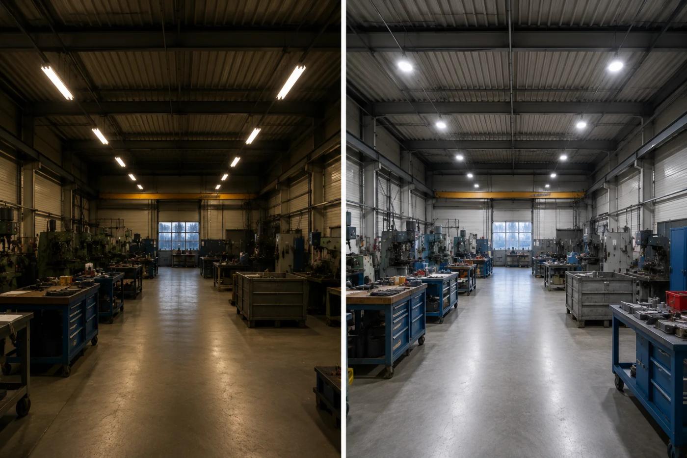 Vergelijking tussen een werkplaats met oude TL-verlichting en dezelfde werkplaats met moderne LED-verlichting.